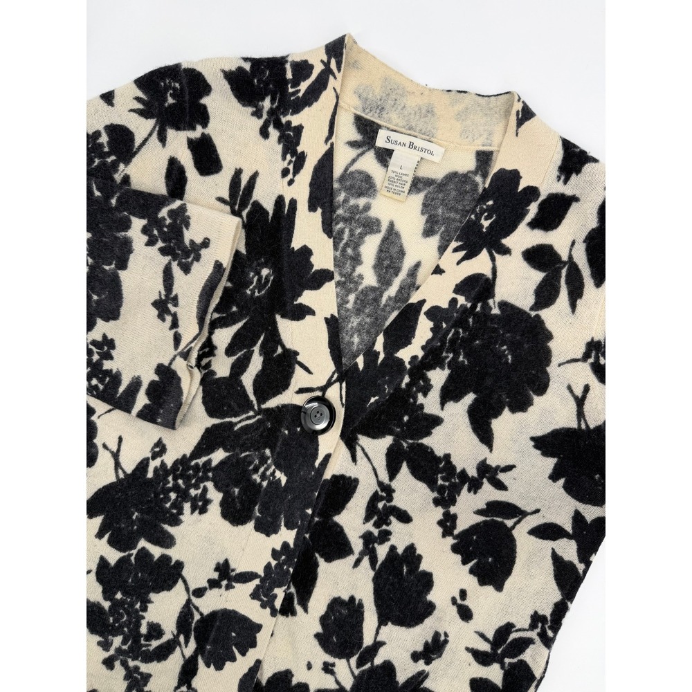 Susan Bristol Lambswool Angora Floral Cardigan Sweater Cream Black Large
